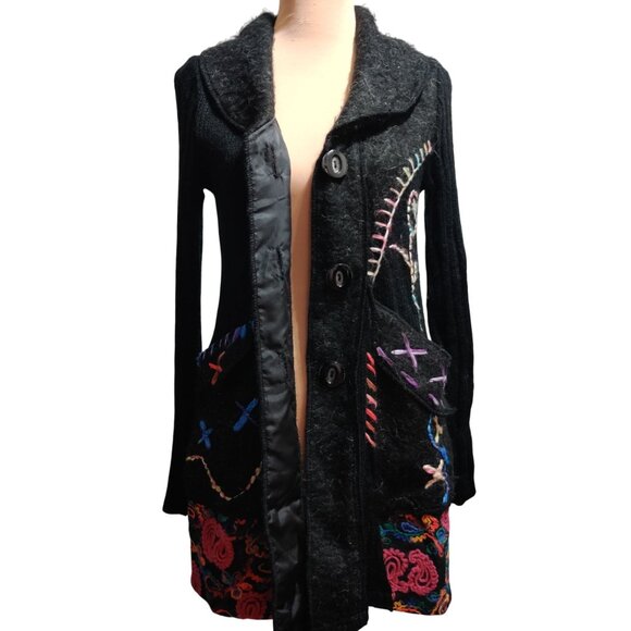 Liquid by Stone S Black Boho Knit Cardigan Jacket Colorful Embroidered Sweater - Picture 9 of 12